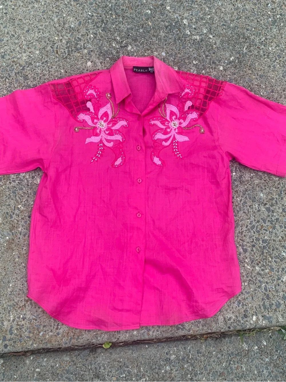 Pearls Fuchsia Floral Embroidered Collared Button-Up